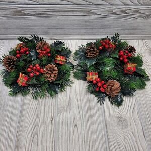 2 Christmas Candle Rings Holiday Pinecone Berry Plaid Candle Holders Plastic Vtg